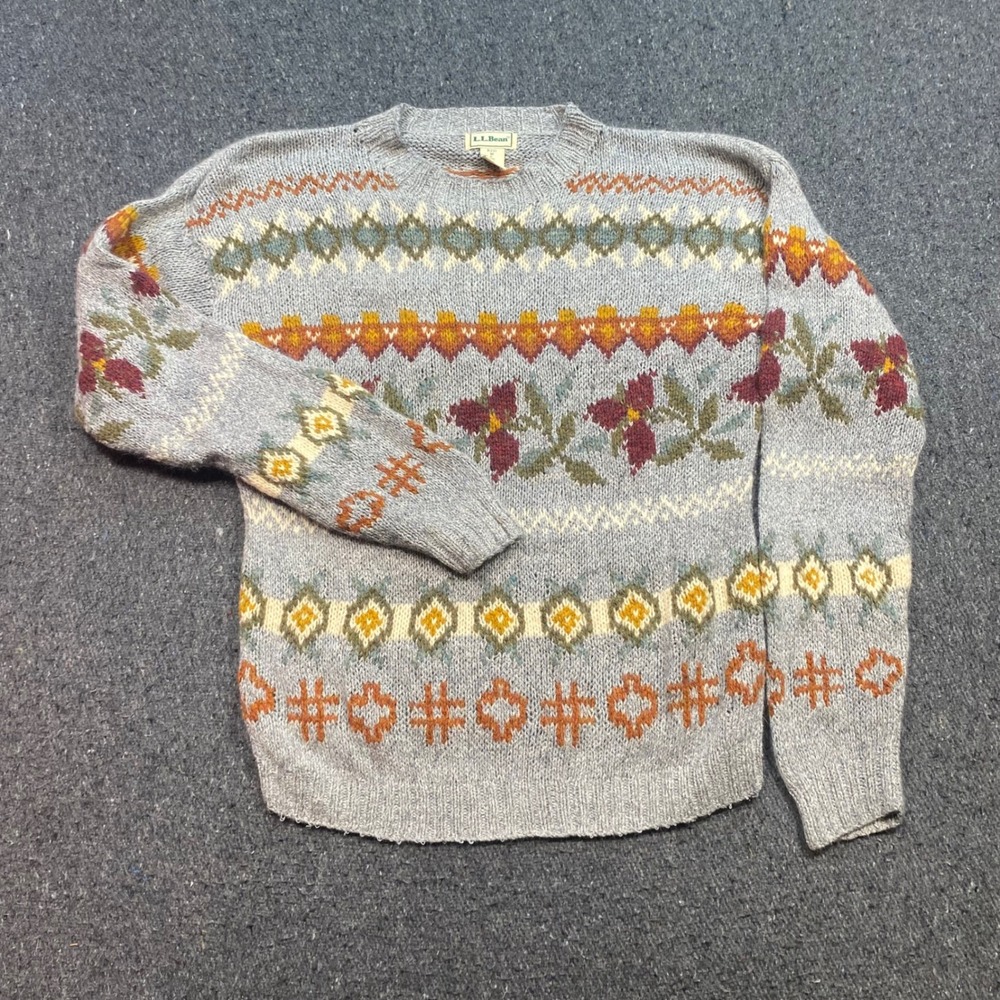 LL Bean Sweater Sz M Womens Gray Wool Silk Angora Fair Isle Floral Cottagecore